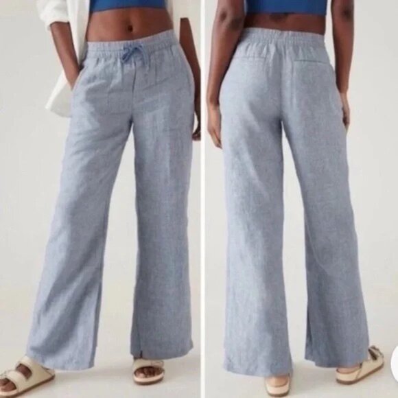 Athleta Pants - Athleta 100% Linen Wide Leg Retreat Pants Blue Size 12